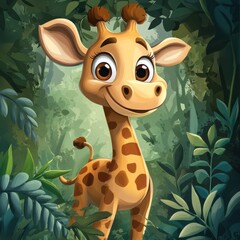 Wall Mural - Adorable Baby Giraffe Amidst Lush Green Foliage