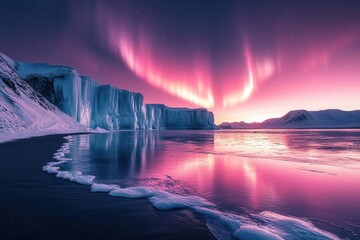 Wall Mural - majestic arctic landscape with crystalline ice formations, northern lights dancing above frozen sea 