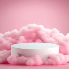 Wall Mural - Romantic blank mockup and beauty products valentine. A minimalistic podium surrounded by soft pink clouds on a pastel background.