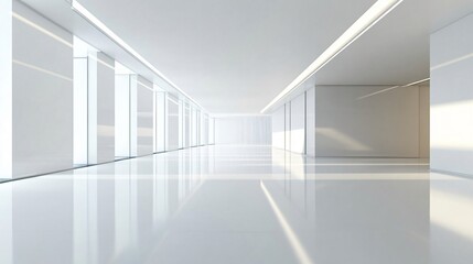  White Empty Hallway with Glass Walls and Reflective Floor - Modern Minimalist Architecture