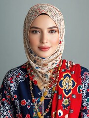 Wall Mural - Beautiful female model in traditional hijab and dress showcasing Idul Fitri fashion, adorned with intricate jewelry, against a soft grey background.