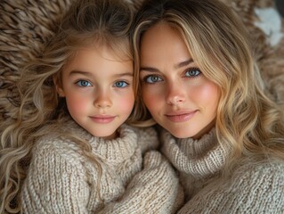 Mother and young girl with long blonde hair in cozy knitted sweaters, posing together on plush sofa at home, soft neutral colors, empty copyspace for text.