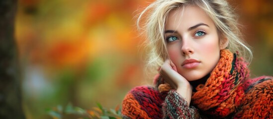 Wall Mural - Colorful autumn fashion portrait of contemplative young woman in cozy knitted scarf surrounded by vibrant fall foliage in warm hues