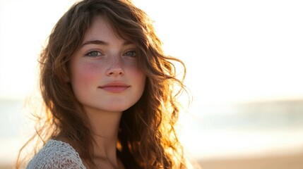 Wall Mural - Serene young woman with wavy hair illuminated by soft golden morning light at a tranquil beach, featuring expansive empty space for text and design.