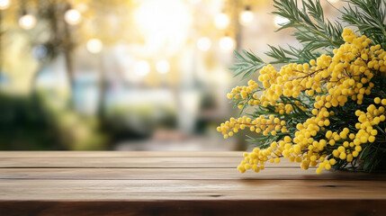 Wall Mural - Empty wooden table in front spring mimosa flowers blurred background banner for product display in a coffee shop, local market or bar	