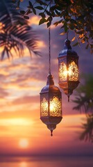 Wall Mural - Glowing Ramadan lanterns under a stunning sunset background, peaceful evening atmosphere, extra space is provided for text