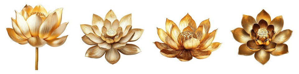 Wall Mural - Collection of Beautiful Golden Lotus Flowers with Detailed Petals and Luxurious Appearance on Transparent Background