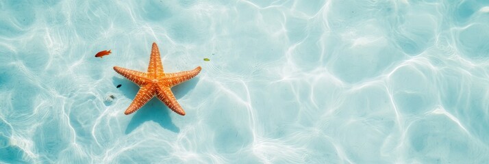 Poster - Orange starfish is lying underwater on a clear sandy seabed with ripples and drops on turquoise water surface creating a soothing summer seascape