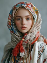 Wall Mural - Young woman in vibrant traditional Russian attire with modern elements, featuring colorful scarf and intricate details, soft neutral background, ideal for text placement.