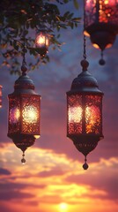 Wall Mural - Glowing Ramadan lanterns under a stunning sunset background, peaceful evening atmosphere, extra space is provided for text