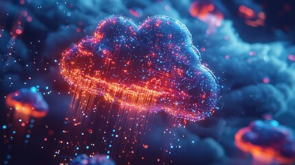 Poster - A vibrant digital representation of cloud storage, featuring glowing circuits and flowing data streams, embodying modern technology and innovation in a captivating way.