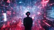 © kwanchaift - A young man engages with a virtual reality headset, surrounded by an immersive digital landscape filled with glowing lights and advanced technology, showcasing modern inn