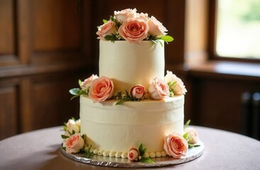 two tier wedding cake adorned with fresh flowers, elegantly displayed on a table, indoor setting with soft lighting, warm ambient light highlighting features