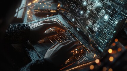 Fototapete - Close-up view of hands typing on a laptop while a digital interface showcases networking and user analytics icons, highlighting the integration of technology into daily w