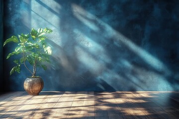 Wall Mural - minimalist interior scene with dramatic light and shadow play on dark concrete wall and polished woo
