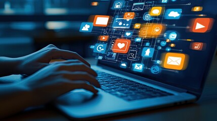 Fototapete - Person Using Laptop with Digital Icons Representing Social Media, Communication, and Technology Connectivity in Bright Workspace