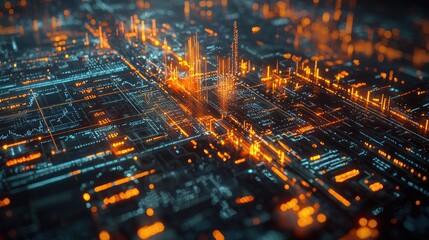 Leinwandbilder - Abstract digital financial chart with glowing data lines and stock market trends over cityscape at night showcasing technology and finance connection
