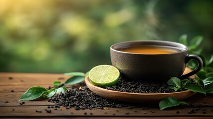 Wall Mural - Steaming cup of tea with lime on wooden table.