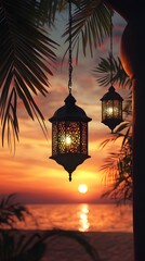 Wall Mural - Glowing Ramadan lanterns under a stunning sunset background, peaceful evening atmosphere, extra space is provided for text