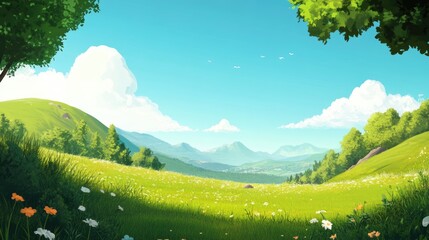 Poster - Vibrant summer landscape featuring lush green hills and a clear blue sky with fluffy white clouds, expansive meadow adorned with wildflowers and ideal for text overlay.