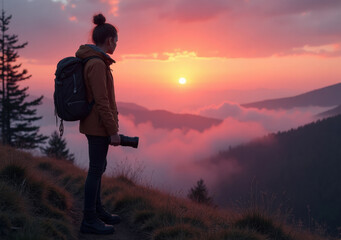 Wall Mural - Person enjoying a breathtaking sunset over the mountains with a camera in hand