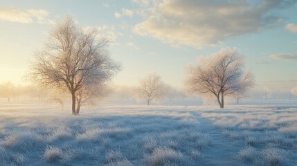 A peaceful winter morning with frost-covered trees glistening in the soft sunlight.