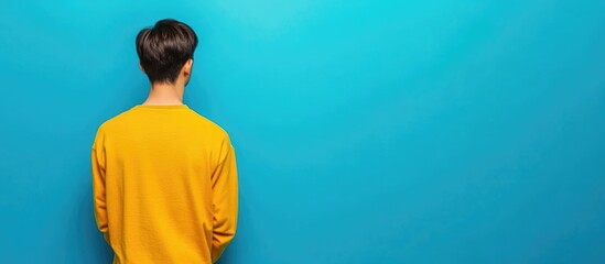 LGBTQ Asian man in a vibrant yellow shirt standing against a bright blue background, creating ample copy space for text and messaging.