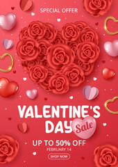 Wall Mural - Valentine's day sale template with flowers and Love elements. Vector Illustration