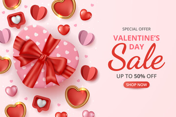 Wall Mural - Valentine's day sale banner template with heart gift, paper cut love and love elements. Vector Illustration