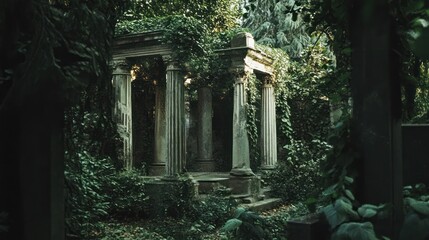 Wall Mural - Ancient overgrown stone gazebo in a graveyard. Lush greenery surrounds the decaying structure.