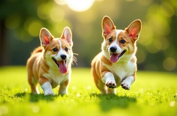 A cute brown and white corgi puppy is running happily in the grass