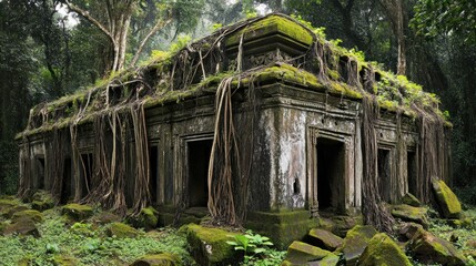 Wall Mural - Ancient overgrown temple ruins in dense jungle.