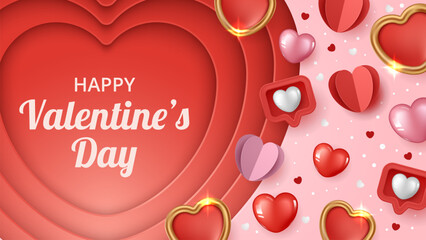 Wall Mural - happy valentine's day background with paper cut heart and heart elements in red and pink paper cut h