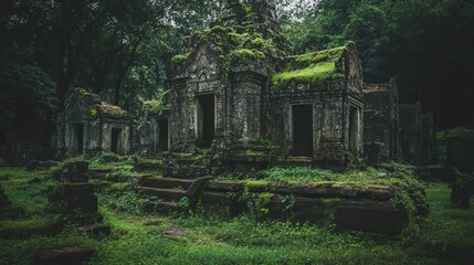 Wall Mural - Ancient overgrown temple ruins in lush jungle.