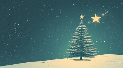 Sticker - Snowy night scene with a Christmas tree and stars.