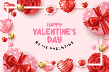 Wall Mural - happy valentine's day background with heart gift, flowers and hearts elements in pink background. ve