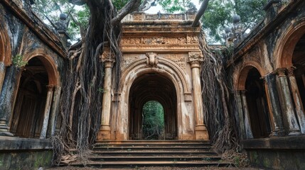 Wall Mural - Ancient, weathered stone archway, overgrown with roots, leading to a mysterious interior.