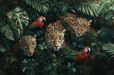 Poster - A group of jaguars, leopards, and parrots in the jungle