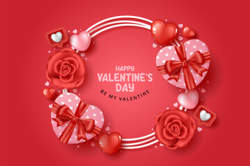 Wall Mural - happy valentine's day background with heart gift, flowers and hearts elements in red background. vec