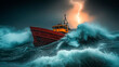 © Creative mind - A dramatic scene of a fishing vessel braving turbulent seas under a lightning-filled sky. Concept of survival, courage, and the unpredictable force of the ocean