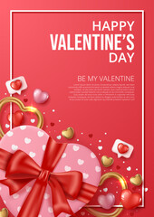 Wall Mural - happy valentine's day poster template with heart gift, heart element and golden hearts. vector illus
