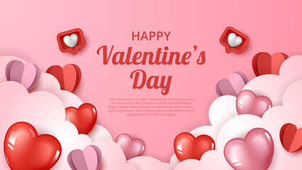 Wall Mural - Happy Valentine's day background with heart elements and paper cut clouds. Vector background