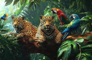 Poster - scene of leopards, jaguars, and parrots in the jungle