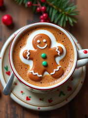 Wall Mural - A Festive Holiday Coffee Mug Features A Foam Shape Resembling A Gingerbread Cookie In A Decorative Top View Design. 00002