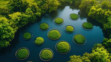 Wall Mural - Circular patches of lush greenery float on a calm, dark-blue lake surrounded by dense foliage. Aerial view of a tranquil ecosystem..