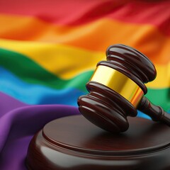 A wooden gavel rests on a podium in front of a vibrant rainbow flag, symbolizing justice and LGBTQ+ rights.