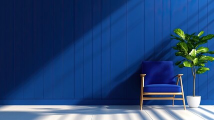 Wall Mural - A serene room featuring a blue wall, a stylish wooden chair, and a vibrant potted plant, illuminated by soft rays of sunlight.