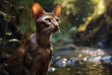 Wall Mural - Portrait of a smiling oriental shorthair cat isolated in tranquil forest stream