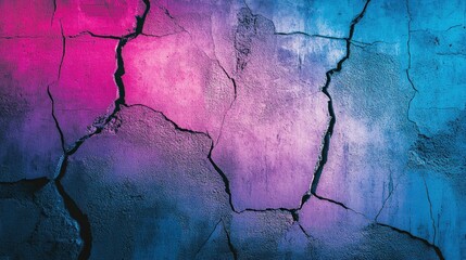 Cracked concrete wall illuminated by vibrant neon lights in pink and blue hues.  Intricate pattern of fissures and deep cracks.  Abstract and artistic texture.  Urban decay aesthetic.  Background desi