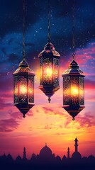 Wall Mural - Glowing Ramadan lanterns under a stunning sunset background, peaceful evening atmosphere, extra space is provided for text